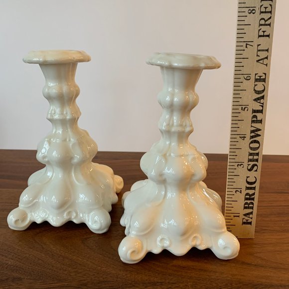 Pair of Ornate White Ceramic Candle Sticks - Picture 2 of 5